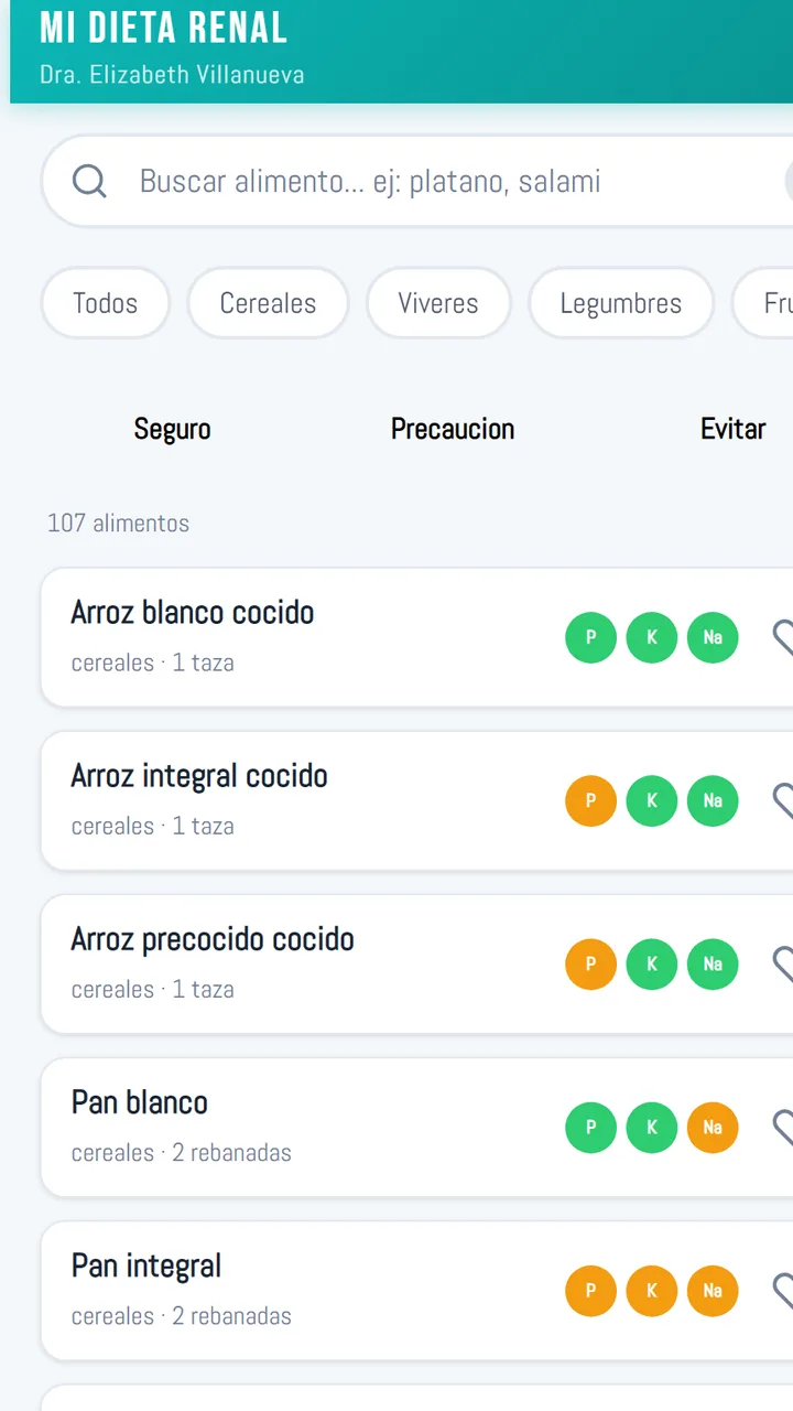 Aplicacion de consulta de alimentos para dieta renal, con buscador y semaforo por alimento
