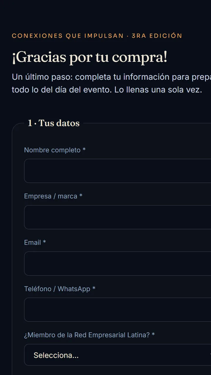 Pantalla de registro posterior al pago en el sitio de un evento