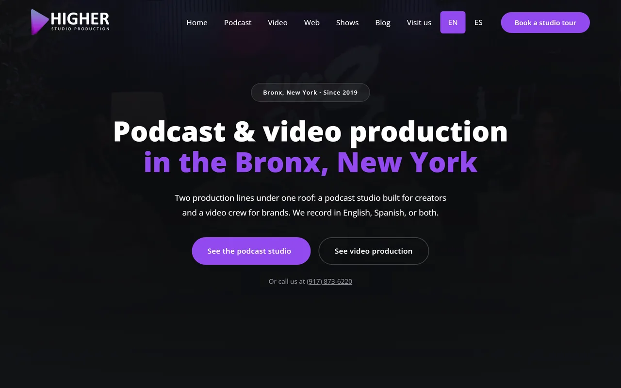 Sitio web de Higher Studio Production, estudio de podcast y video en el Bronx