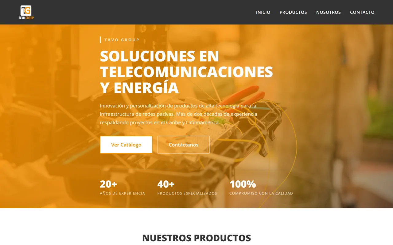 Sitio web de Tavo Group, catálogo de telecomunicaciones y energía
